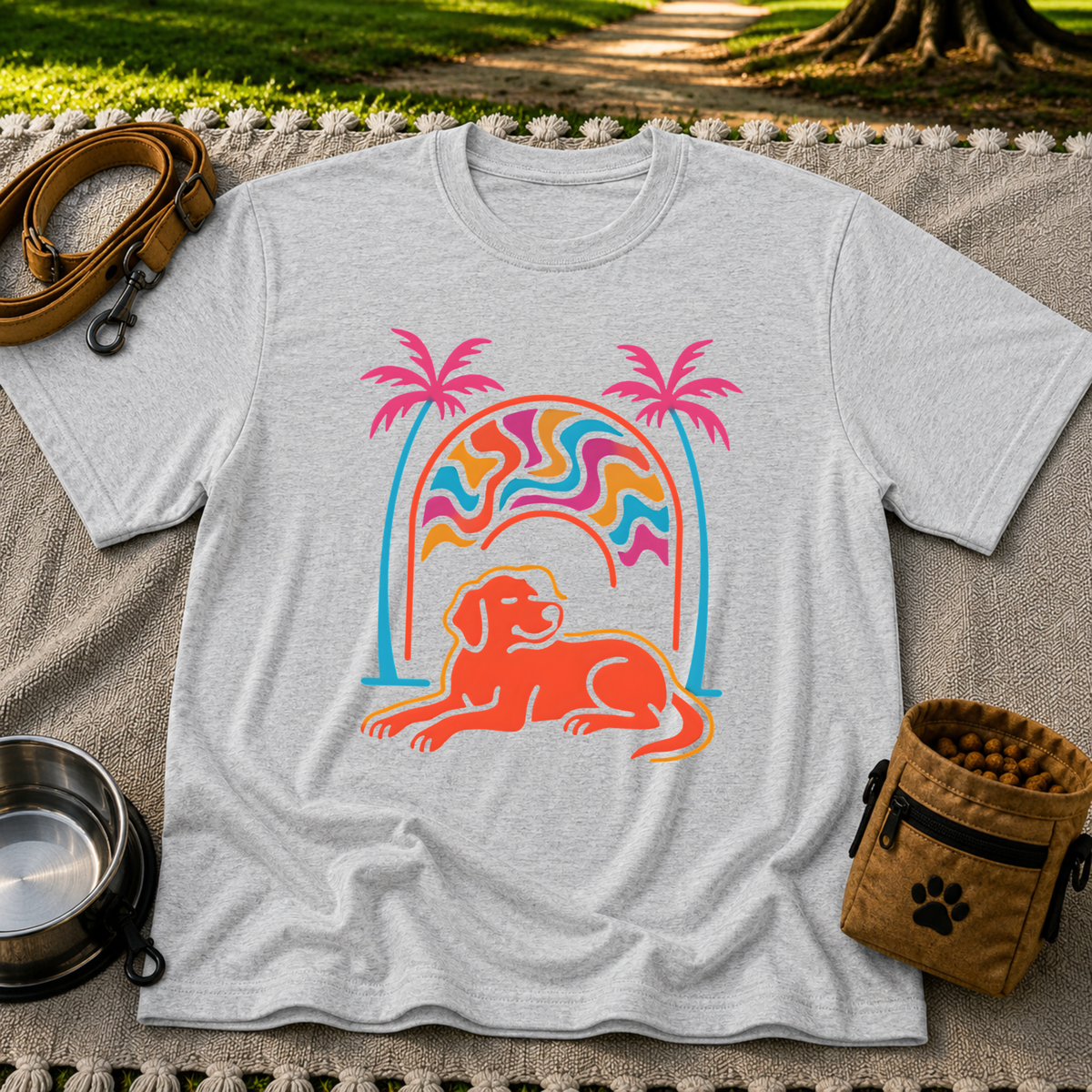 Psychedelic Dog Palm Trees design on a Sport Grey T-shirt.