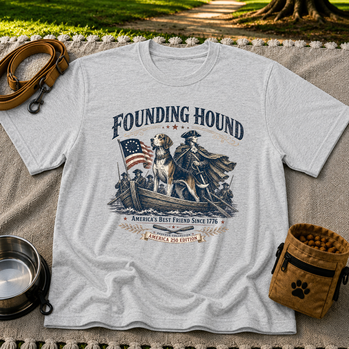 a founding-era American scene with hounds and patriotic details. On a Sport Grey T-shirt.