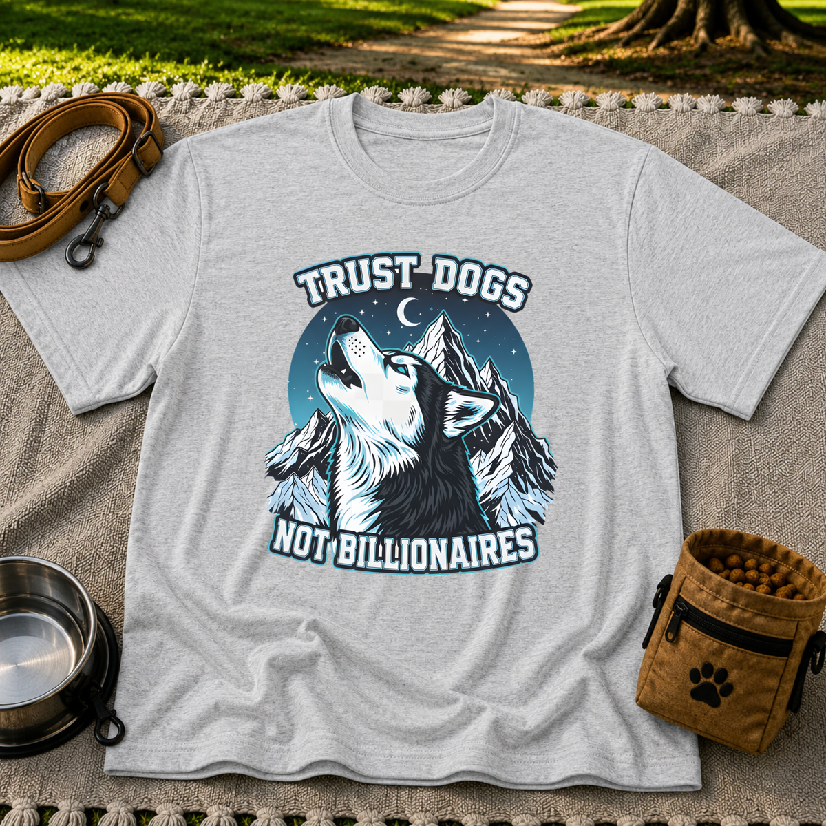 Sport Grey T-shirt mockup featuring howling Husky against a rugged blue-toned mountain landscape.