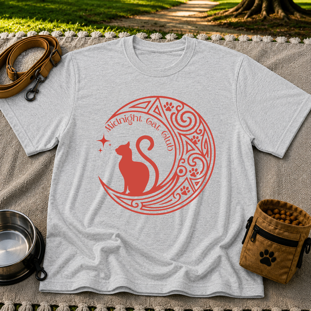 Midnight Cat Club Moon artwork on a Sport Grey T-shirt.