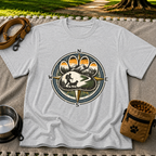 Sport Grey T-shirt mockup featuring compass rose framing a hiker and dog on a mountain trail.