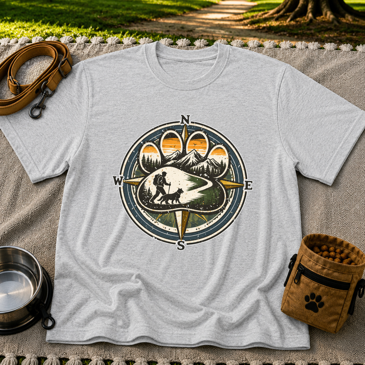 Sport Grey T-shirt mockup featuring compass rose framing a hiker and dog on a mountain trail.
