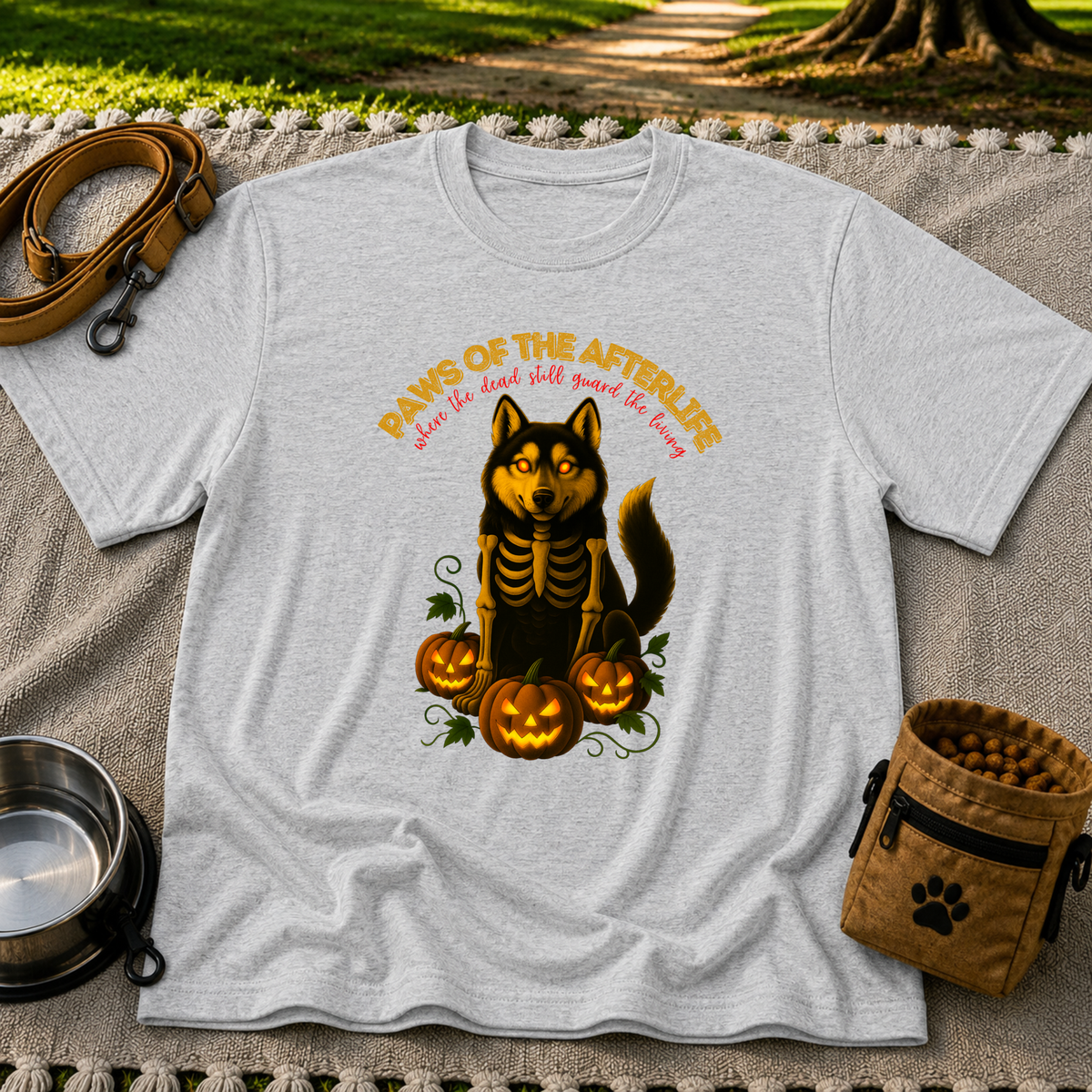 Paws of the Afterlife Husky Skeleton Halloween design on a Sport Grey T-shirt.