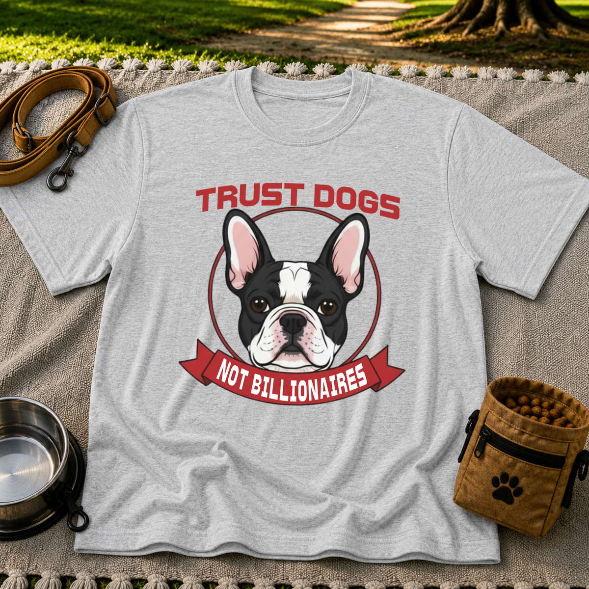 Sport Grey T-shirt mockup featuring French Bulldog portrait in a circular badge above a red Trust Dogs Not Billionaires ribbon.