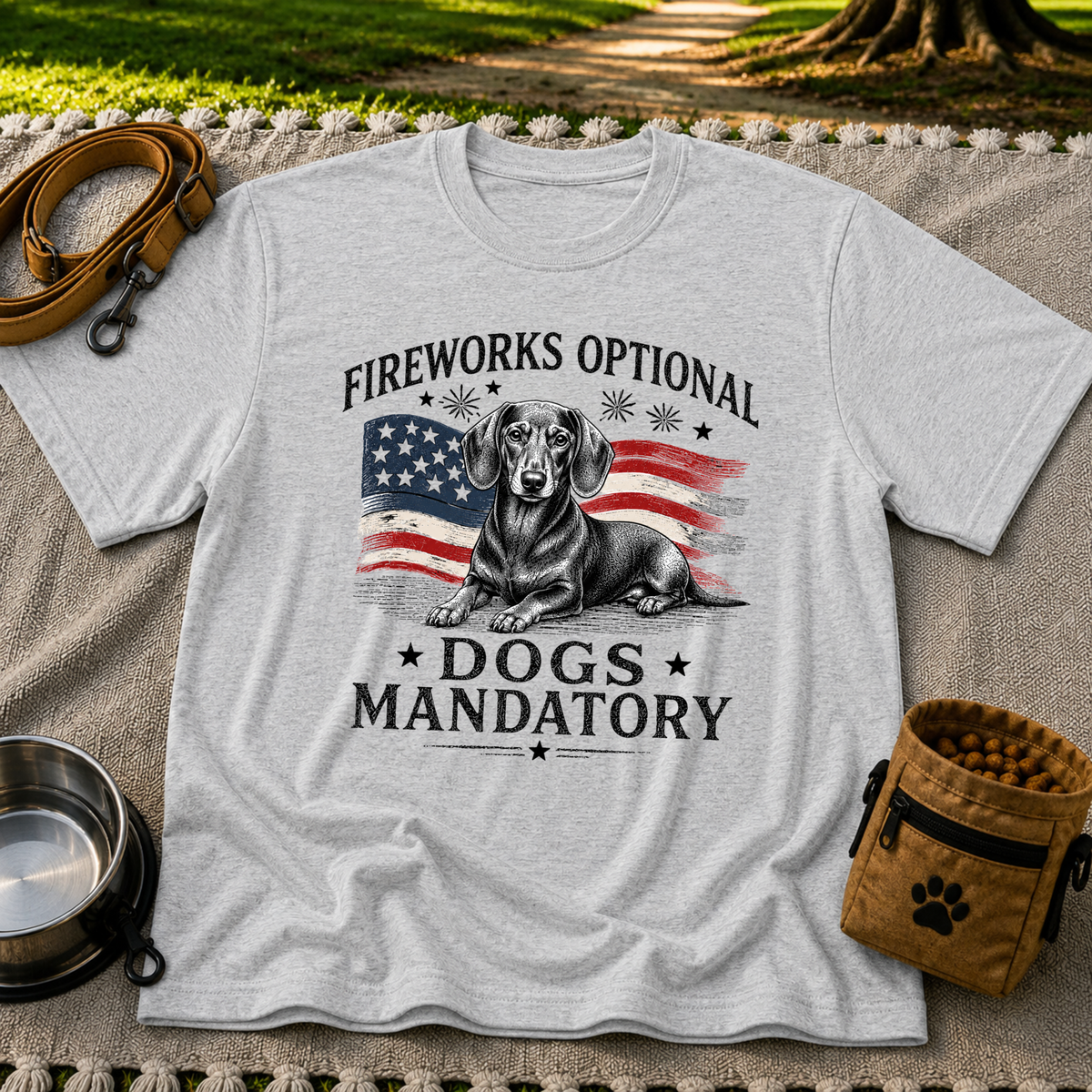 a Dachshund beside “Fireworks optional, dogs mandatory”. On a Sport Grey T-shirt.