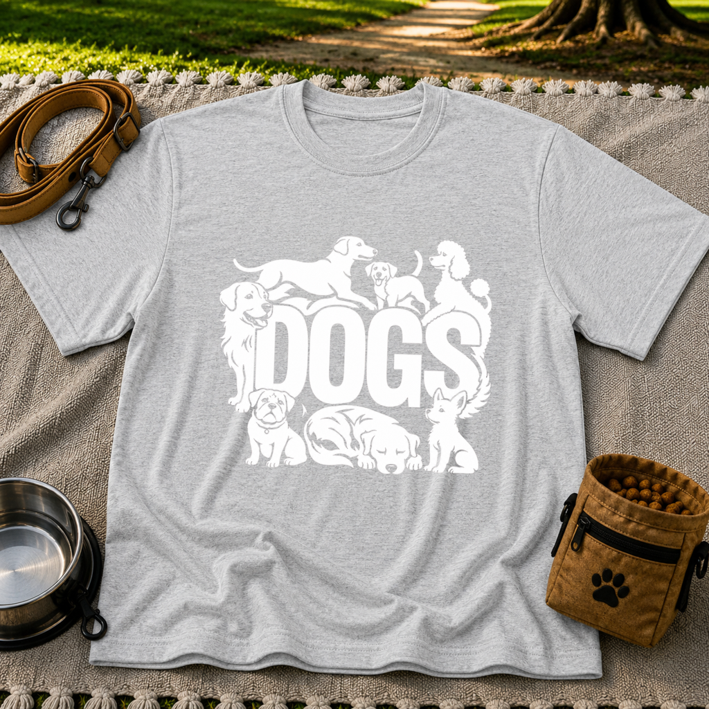the word “Dogs” surrounded by several dog portraits. On a Sport Grey T-shirt.
