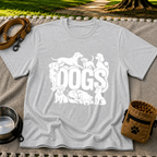 the word “Dogs” surrounded by several dog portraits. On a Sport Grey T-shirt.