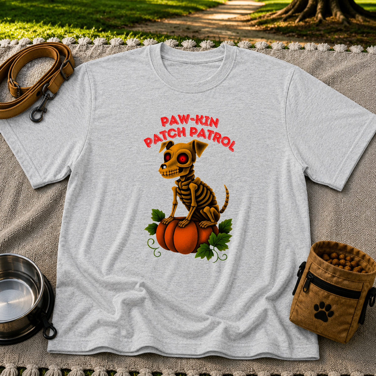 Paw-kin Patch Patrol Skeleton Dog Halloween design on a Sport Grey T-shirt.