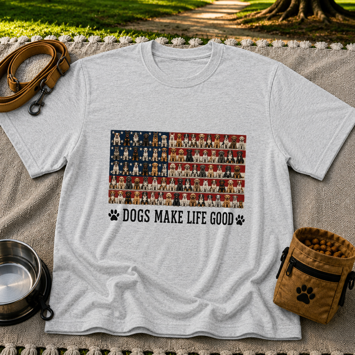 Sport Grey T-shirt mockup featuring rows of dog portraits over an American flag with Dogs Make Life Good lettering.