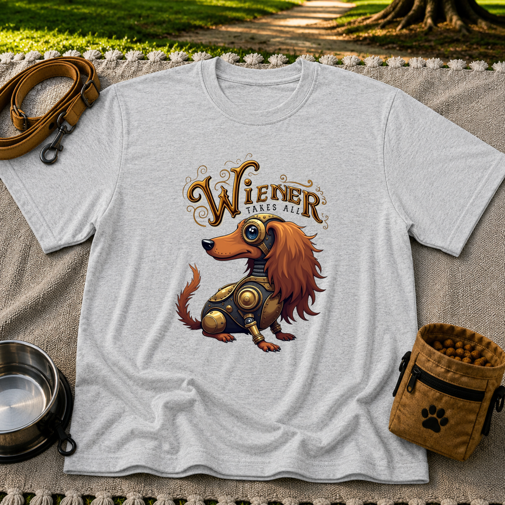 Wiener Takes All Steampunk Dachshund design on a Sport Grey T-shirt.