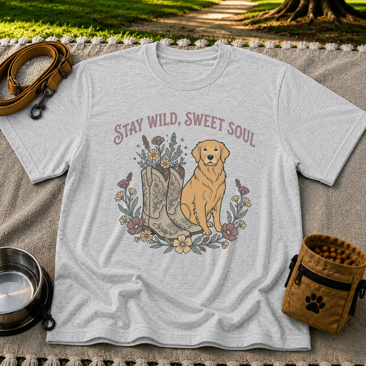 Sport Grey T-shirt mockup featuring golden-coated dog beside floral cowboy boots and flowers beneath Stay Wild Sweet Soul.