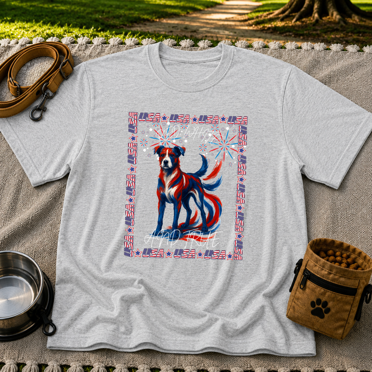 USA Fireworks Dog Lover design on a Sport Grey T-shirt.