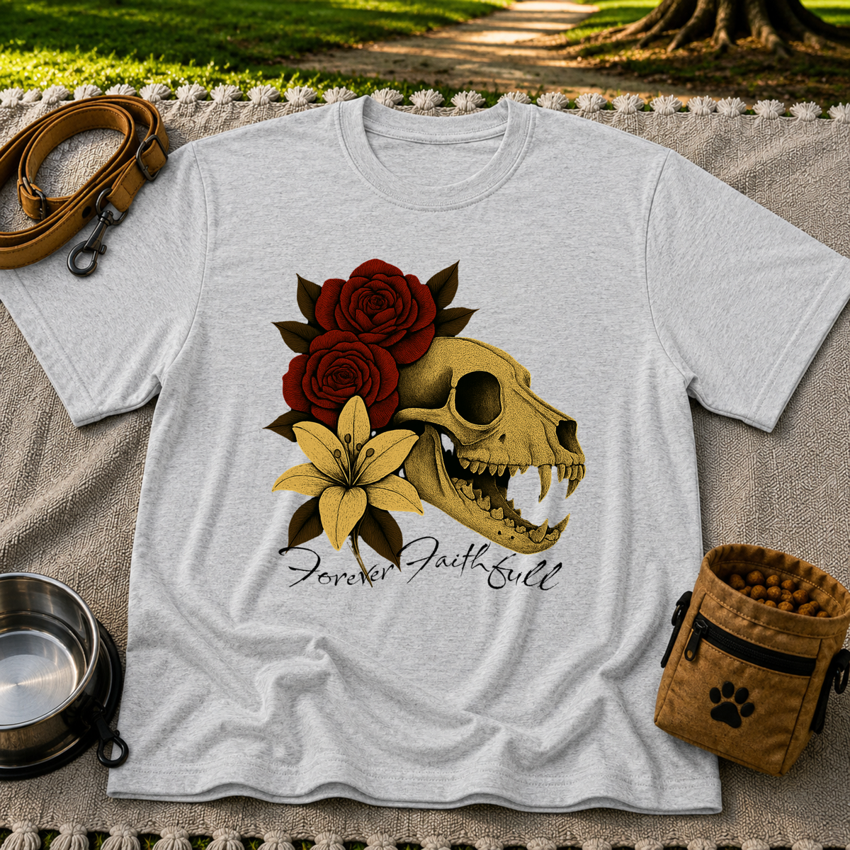 a dog skull with roses and the words “Forever Faithful”. On a Sport Grey T-shirt.