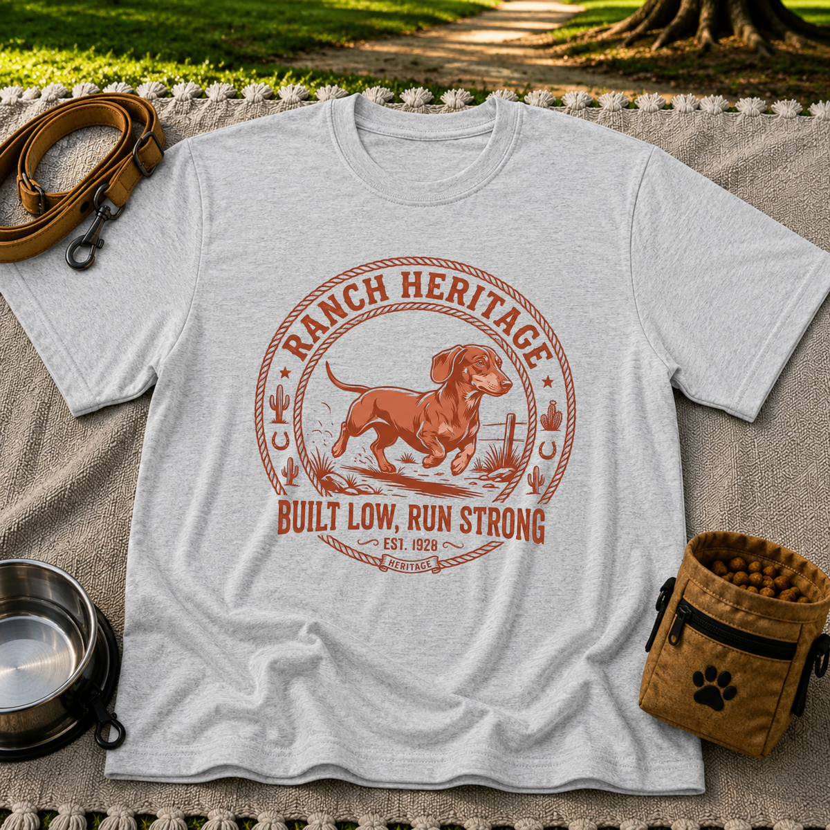a Dachshund running inside a “Ranch Heritage” western emblem. On a Sport Grey T-shirt.