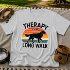 Sport Grey T-shirt mockup featuring dog silhouette walking across a striped sunset beneath Therapy Is a Long Walk.