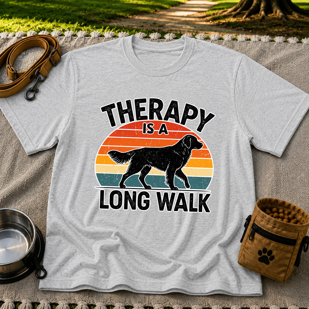 Sport Grey T-shirt mockup featuring dog silhouette walking across a striped sunset beneath Therapy Is a Long Walk.