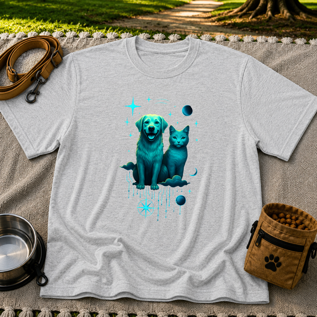 Celestial Dog and Cat Glow artwork on a Sport Grey T-shirt.