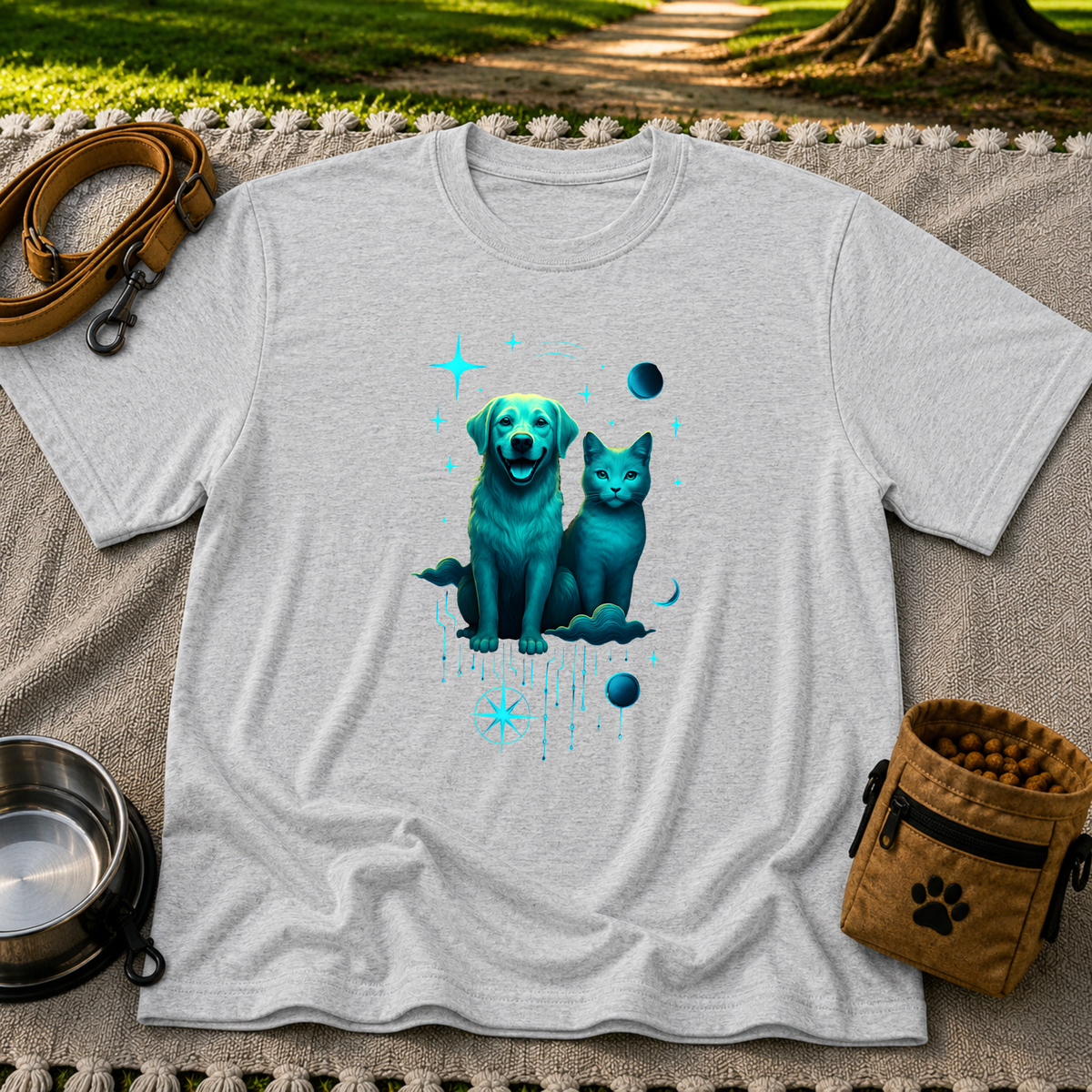 Celestial Dog and Cat Glow artwork on a Sport Grey T-shirt.