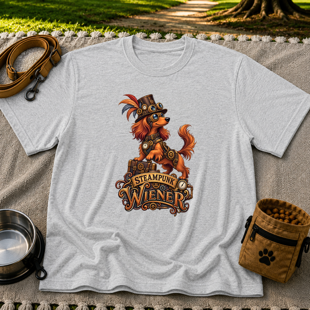 Steampunk Wiener Dog design on a Sport Grey T-shirt.