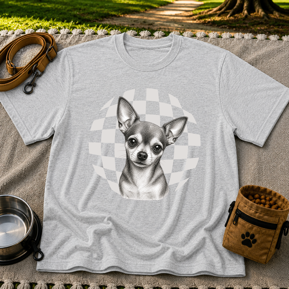 Sweet Chihuahua Portrait artwork on a Sport Grey T-shirt.
