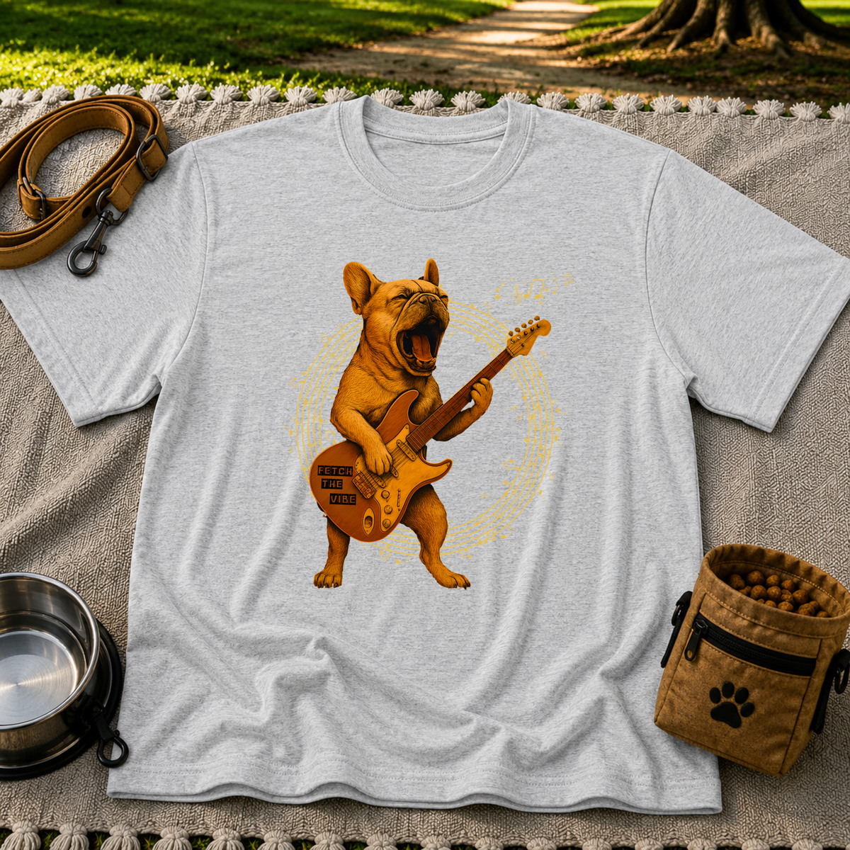 Rocking French Bulldog Guitar artwork on a Sport Grey T-shirt.