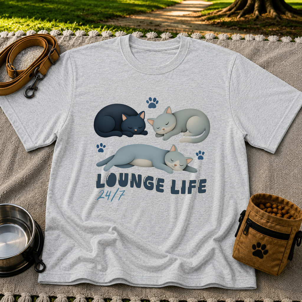 Lounge Life Cat design on a Sport Grey T-shirt.
