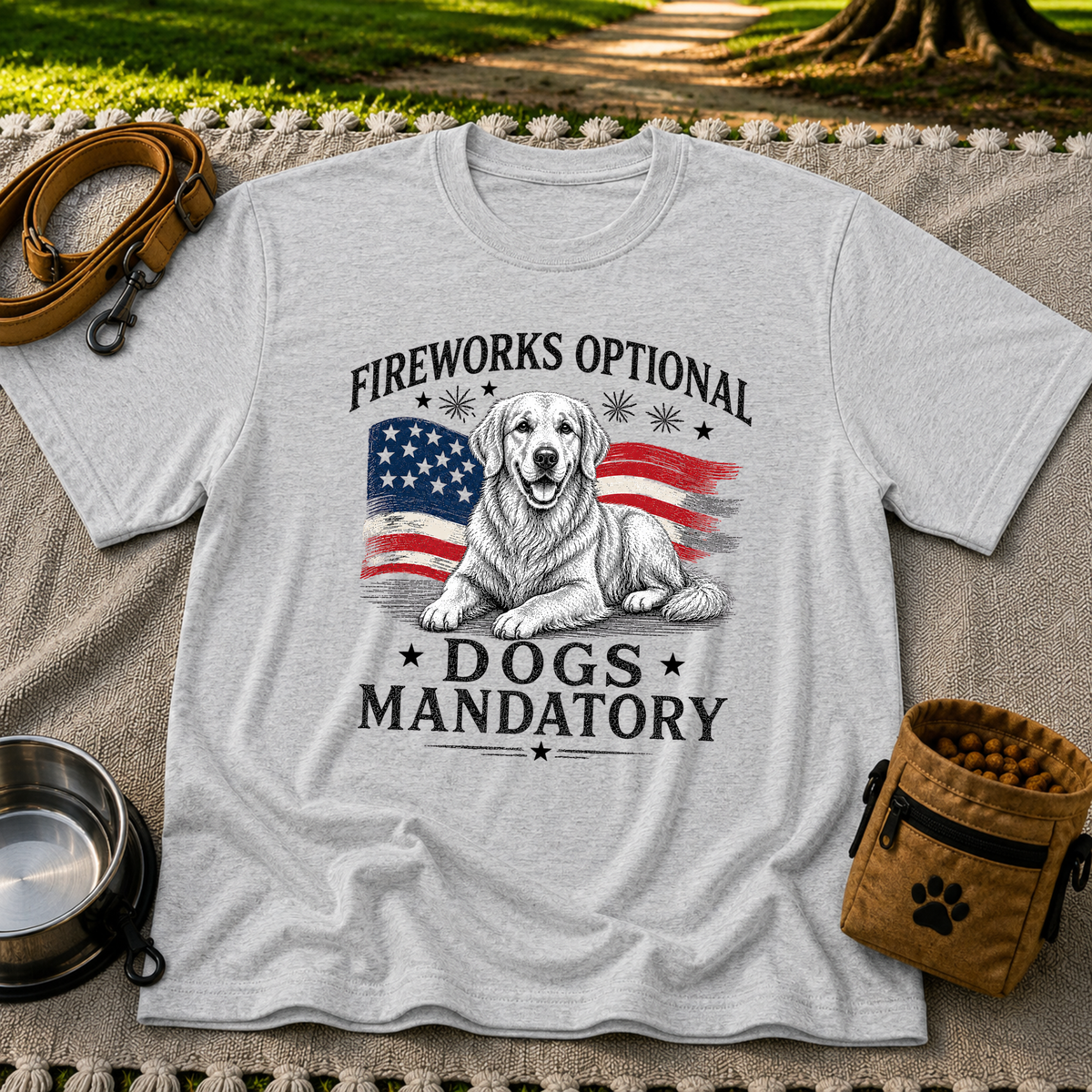 a Golden Retriever beside “Fireworks optional, dogs mandatory”. On a Sport Grey T-shirt.