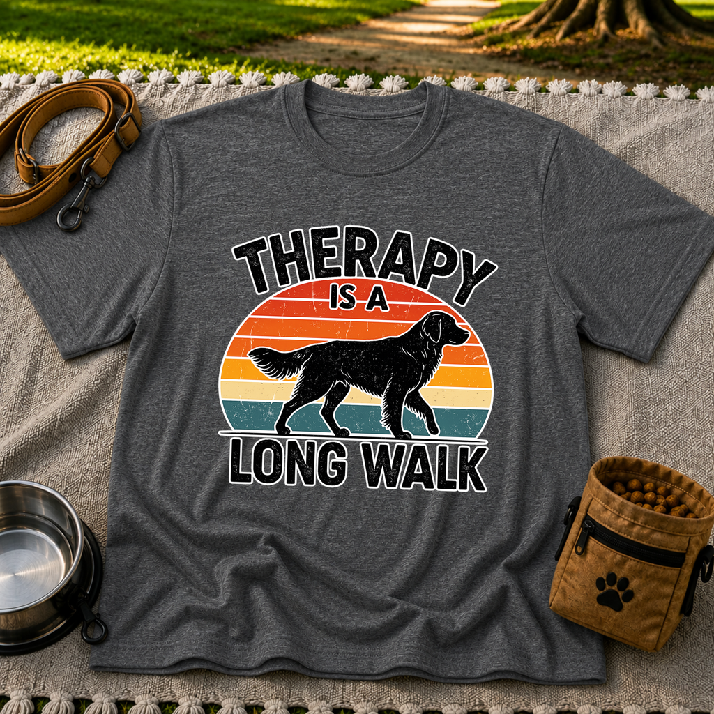 Dark Heather Grey T-shirt mockup featuring dog silhouette walking across a striped sunset beneath Therapy Is a Long Walk.