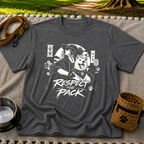 Dark Heather Grey T-shirt mockup featuring illustrated dog beside stylized lettering that reads Respect the Pack.