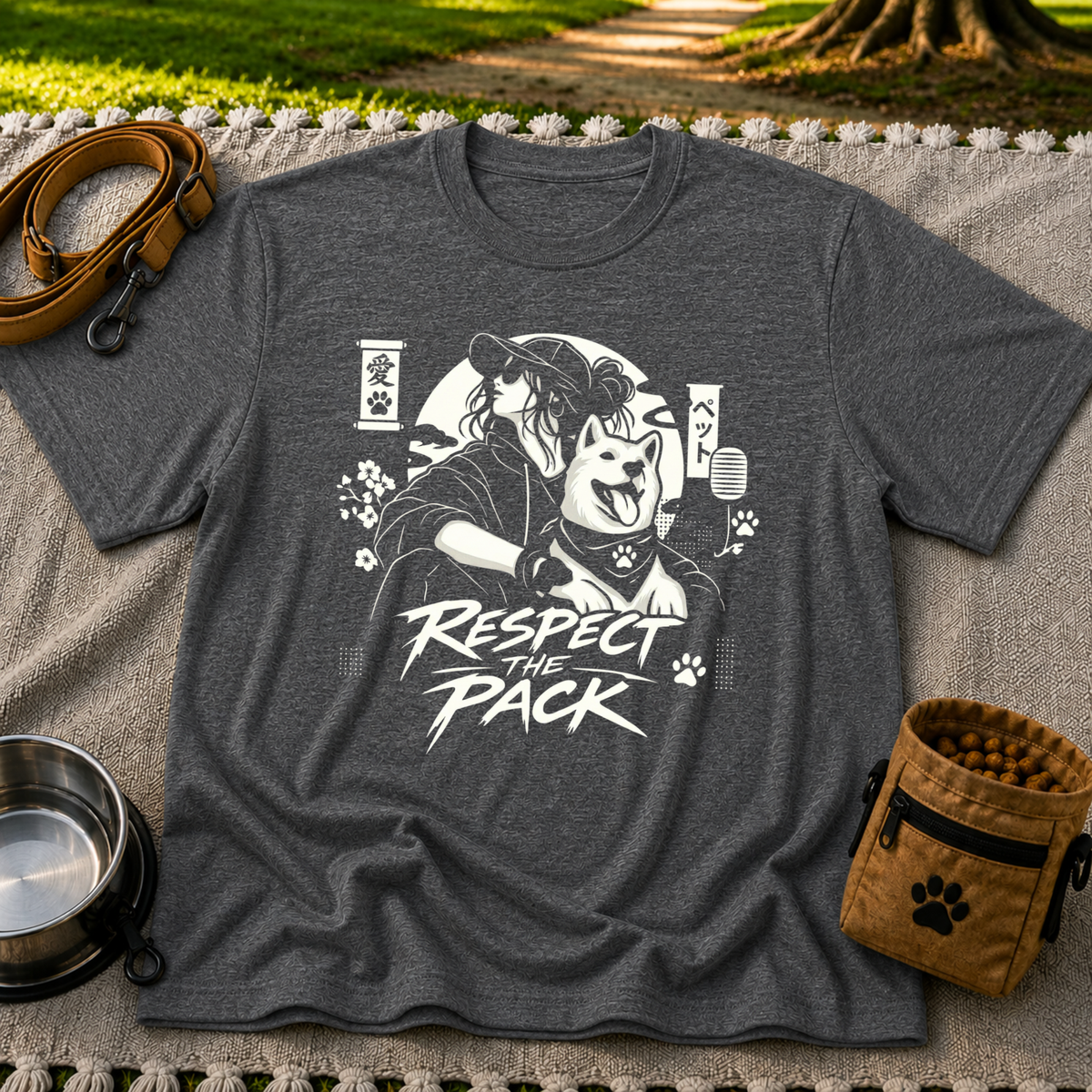 Dark Heather Grey T-shirt mockup featuring illustrated dog beside stylized lettering that reads Respect the Pack.