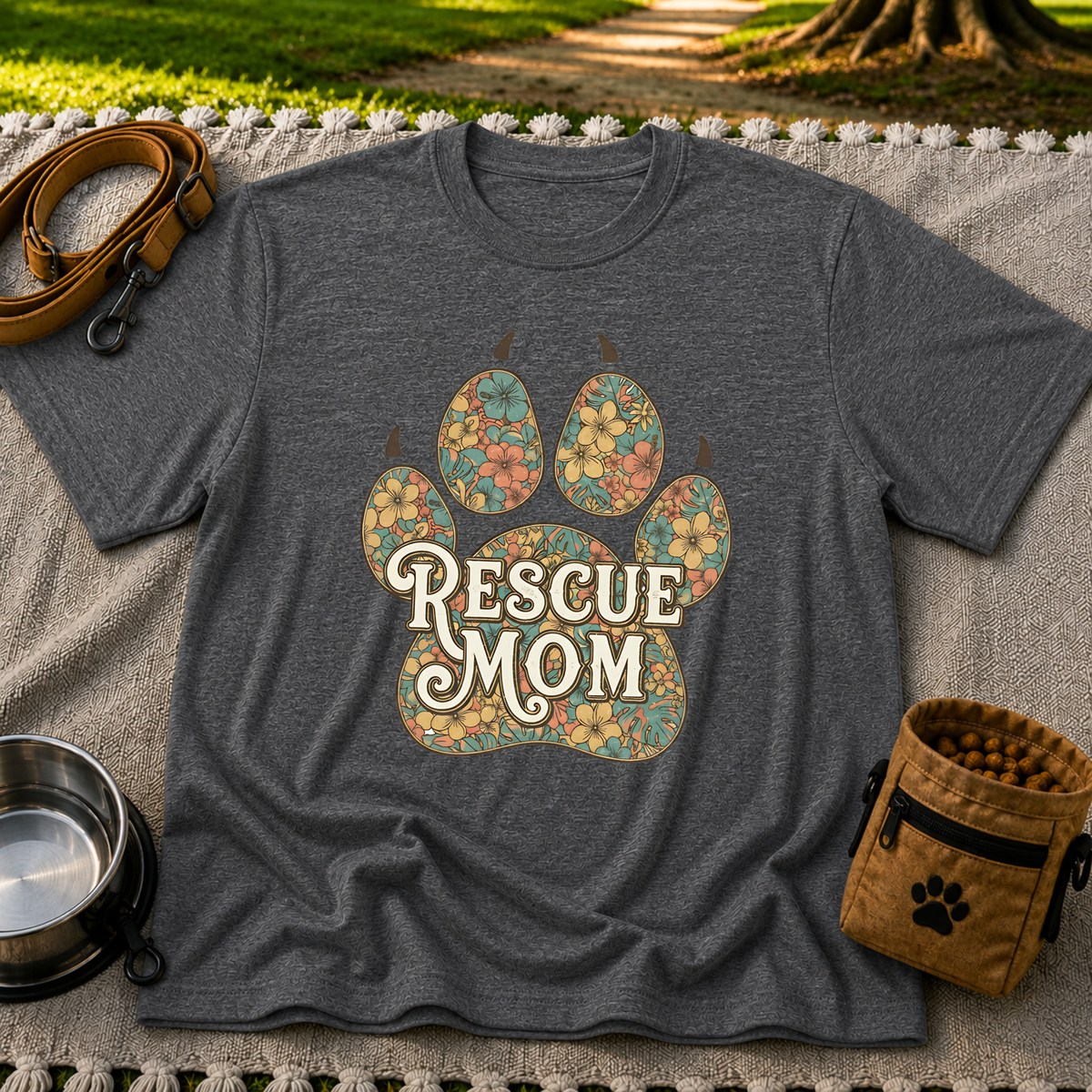 Rescue Mom Floral Paw Print design on a Dark Heather Grey T-shirt.
