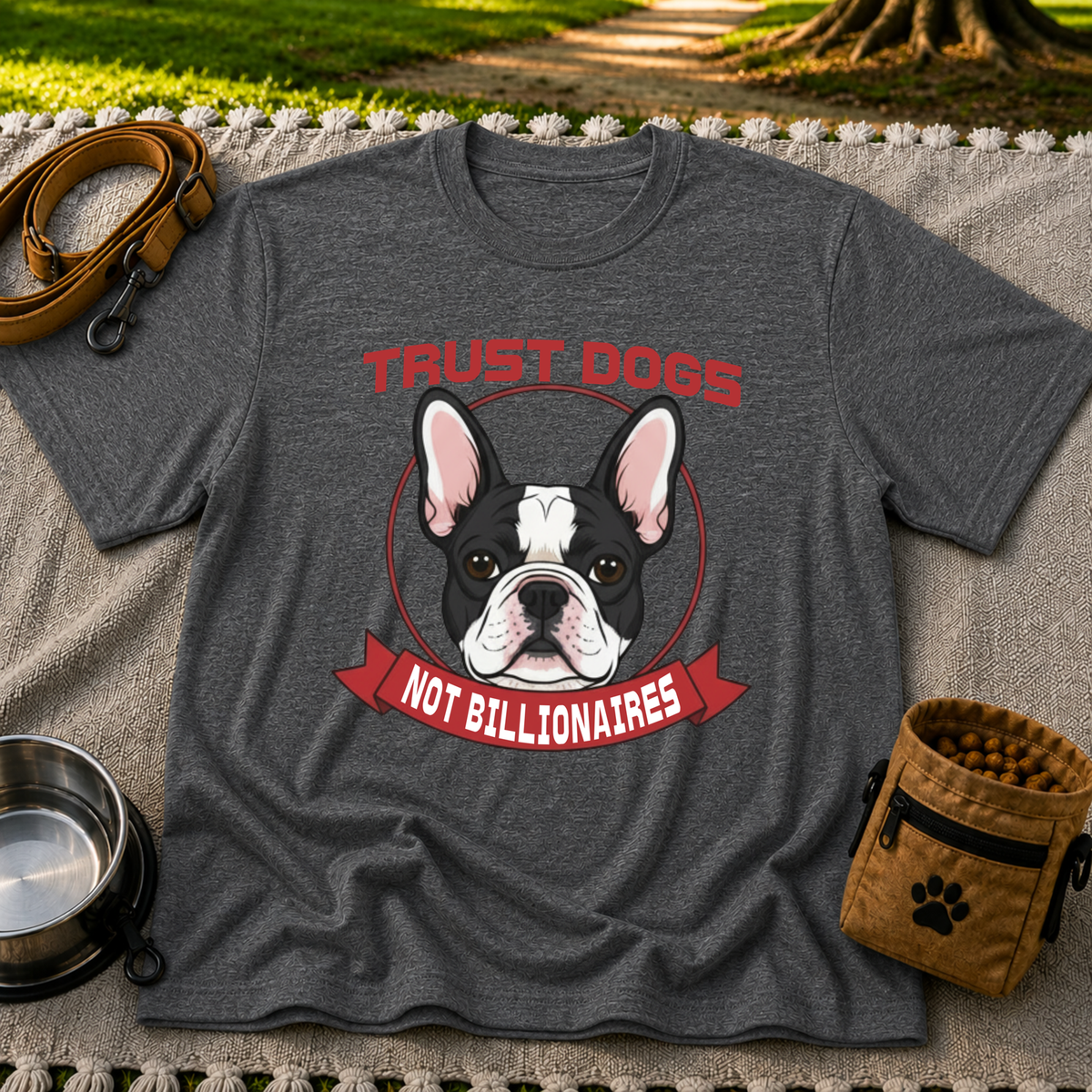 Dark Heather Grey T-shirt mockup featuring French Bulldog portrait in a circular badge above a red Trust Dogs Not Billionaires ribbon.