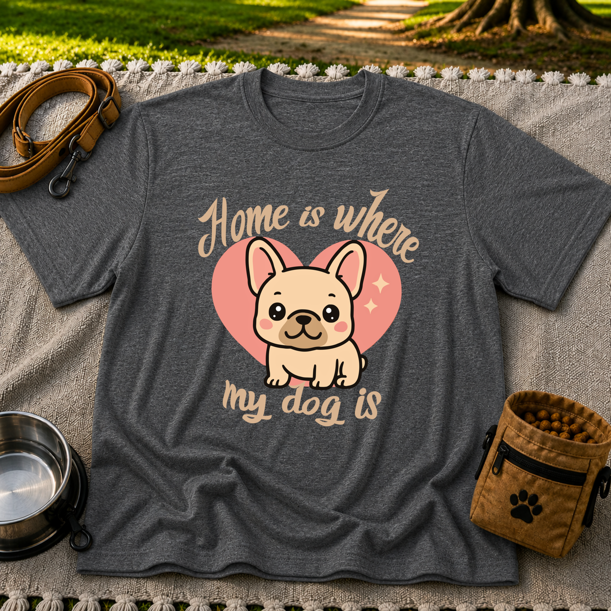 Home Is Where My Dog Is Frenchie Dog design on a Dark Heather Grey T-shirt.