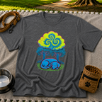 Psychedelic Sleeping Dog artwork on a Dark Heather Grey T-shirt.
