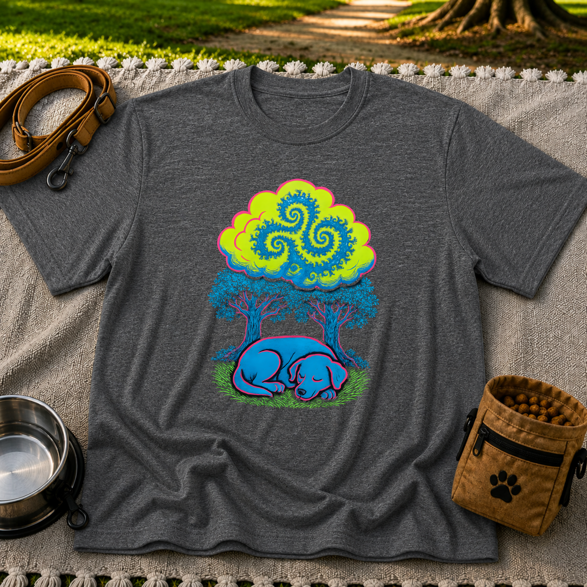 Psychedelic Sleeping Dog artwork on a Dark Heather Grey T-shirt.