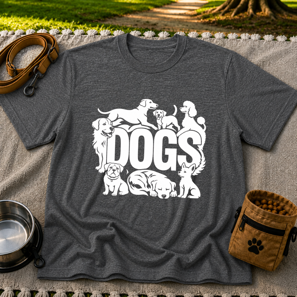 the word “Dogs” surrounded by several dog portraits. On a Dark Heather Grey T-shirt.