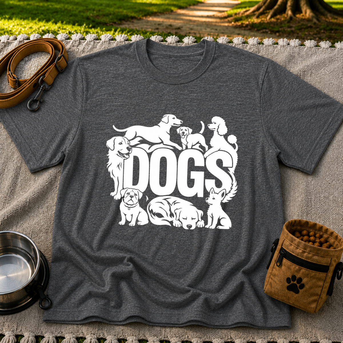 the word “Dogs” surrounded by several dog portraits. On a Dark Heather Grey T-shirt.