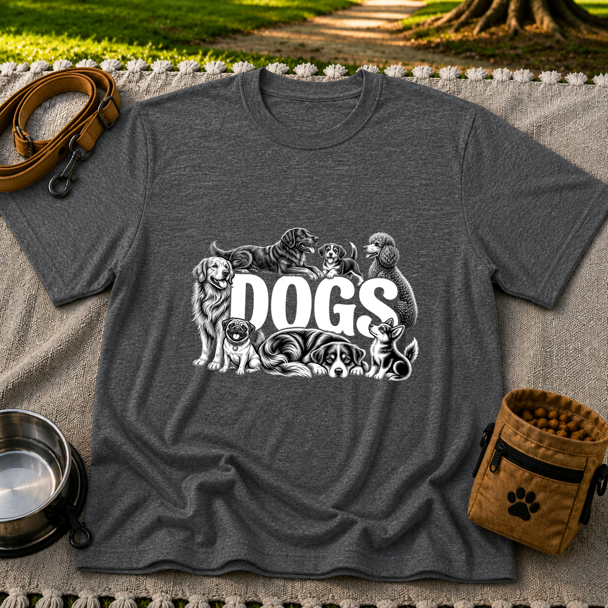 Dogs Are My Kind of People design on a Dark Heather Grey T-shirt.