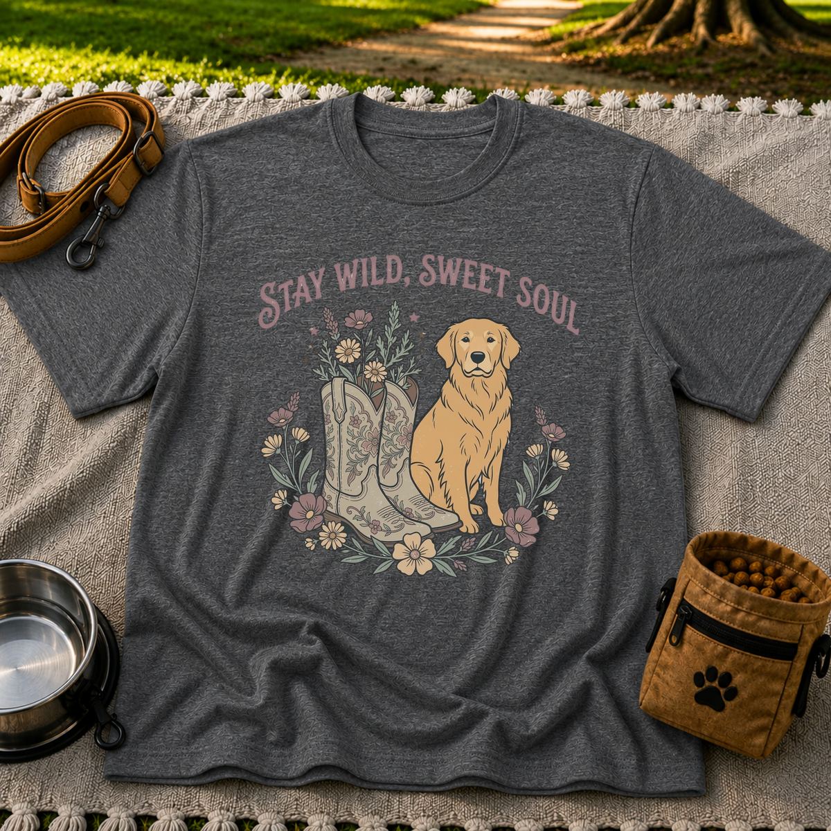 Dark Heather Grey T-shirt mockup featuring golden-coated dog beside floral cowboy boots and flowers beneath Stay Wild Sweet Soul.