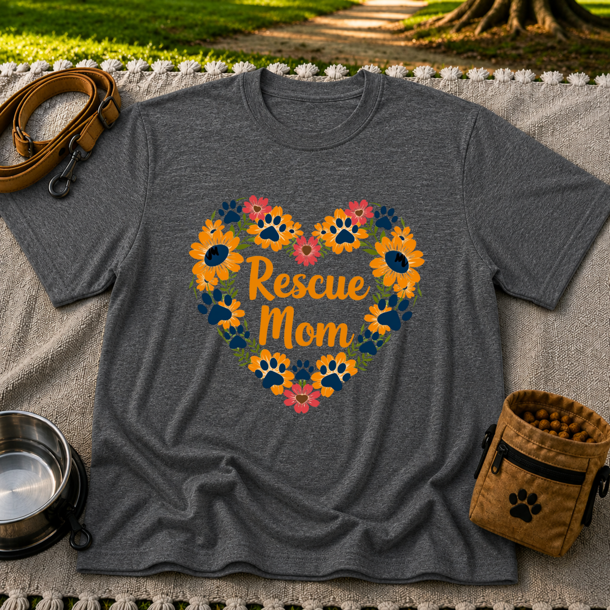 Rescue Mom Floral Paw design on a Dark Heather Grey T-shirt.