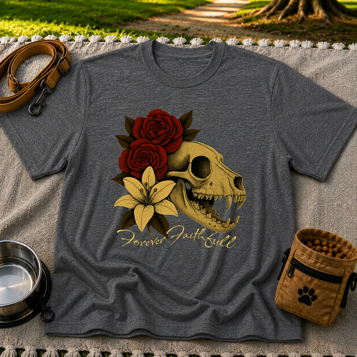 a dog skull with roses and the words “Forever Faithful”. On a Dark Heather Grey T-shirt.