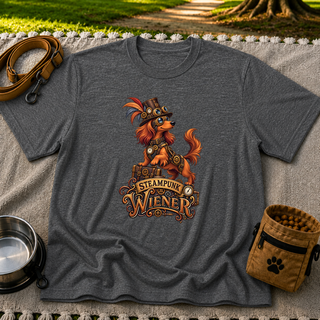 Steampunk Wiener Dog design on a Dark Heather Grey T-shirt.
