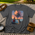 Magical Landscape Pet Lover artwork on a Dark Heather Grey T-shirt.
