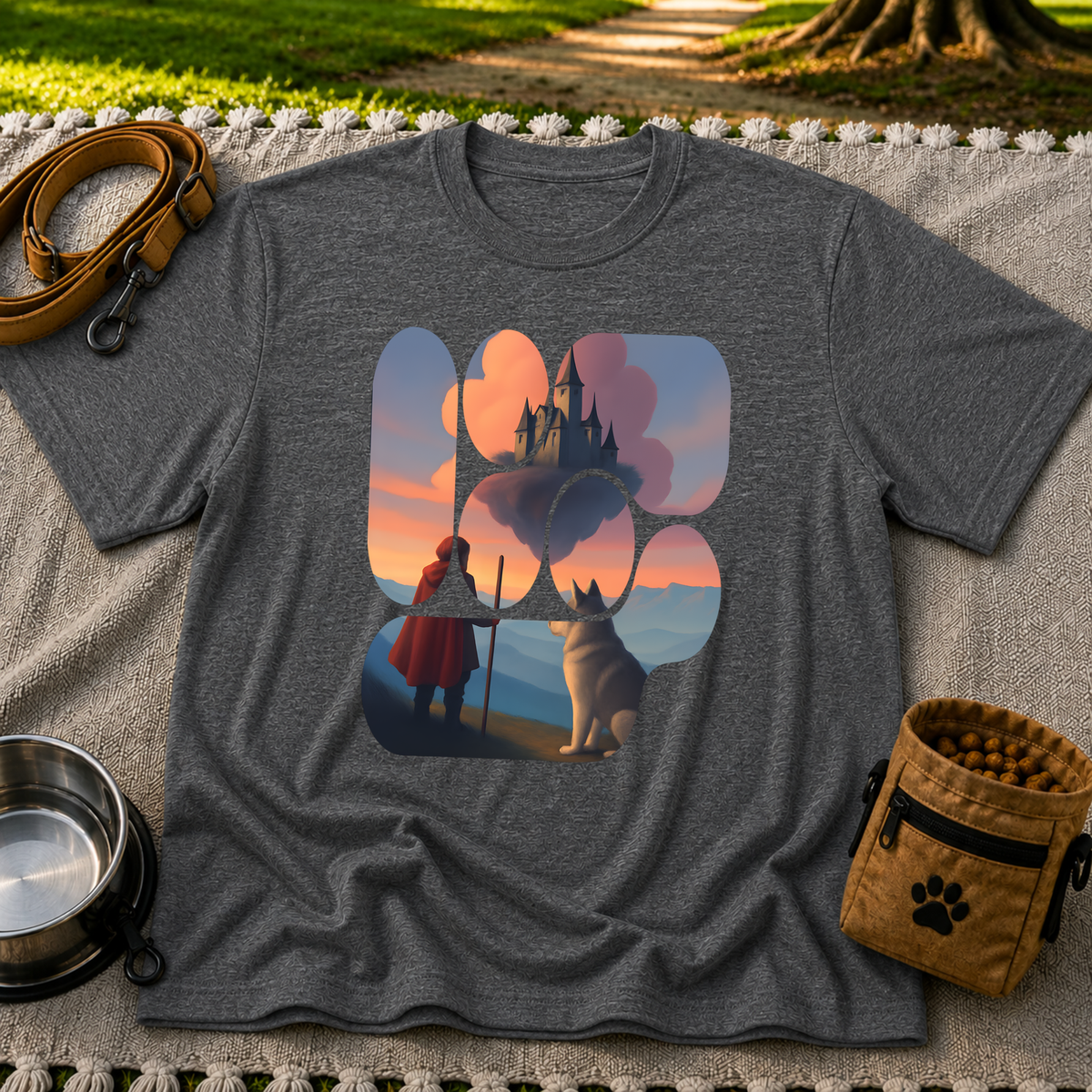 Magical Landscape Pet Lover artwork on a Dark Heather Grey T-shirt.