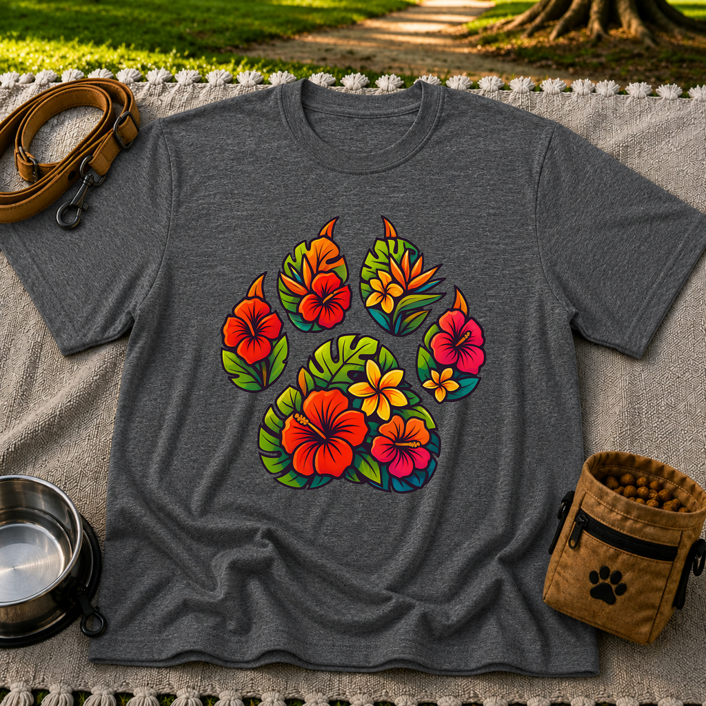 Tropical Floral Paw Print design on a Dark Heather Grey T-shirt.