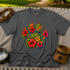 Tropical Floral Paw Print design on a Dark Heather Grey T-shirt.