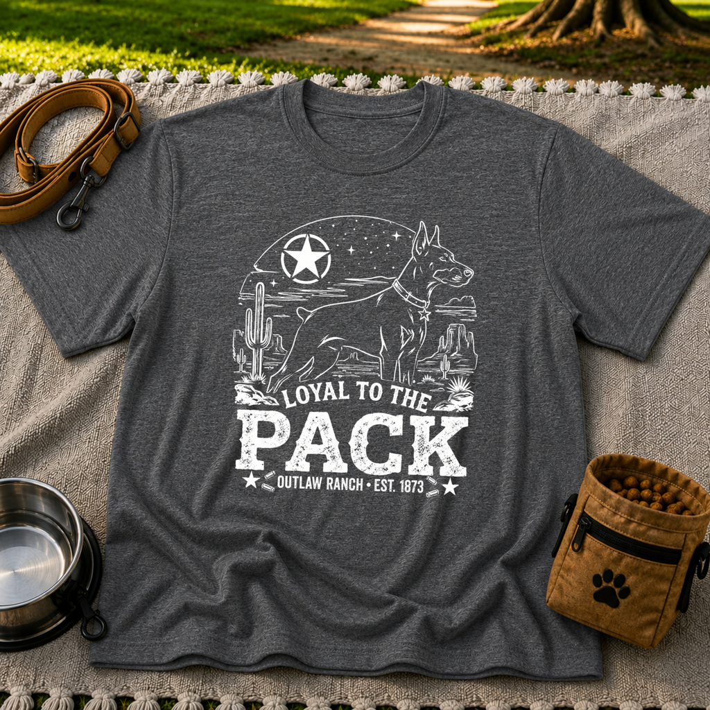 a ranch dog inside a “Loyal to the Pack” western badge. On a Dark Heather Grey T-shirt.