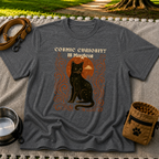 Black cat, moonlike circle and surrounding stars on a Dark Heather Grey T-shirt.