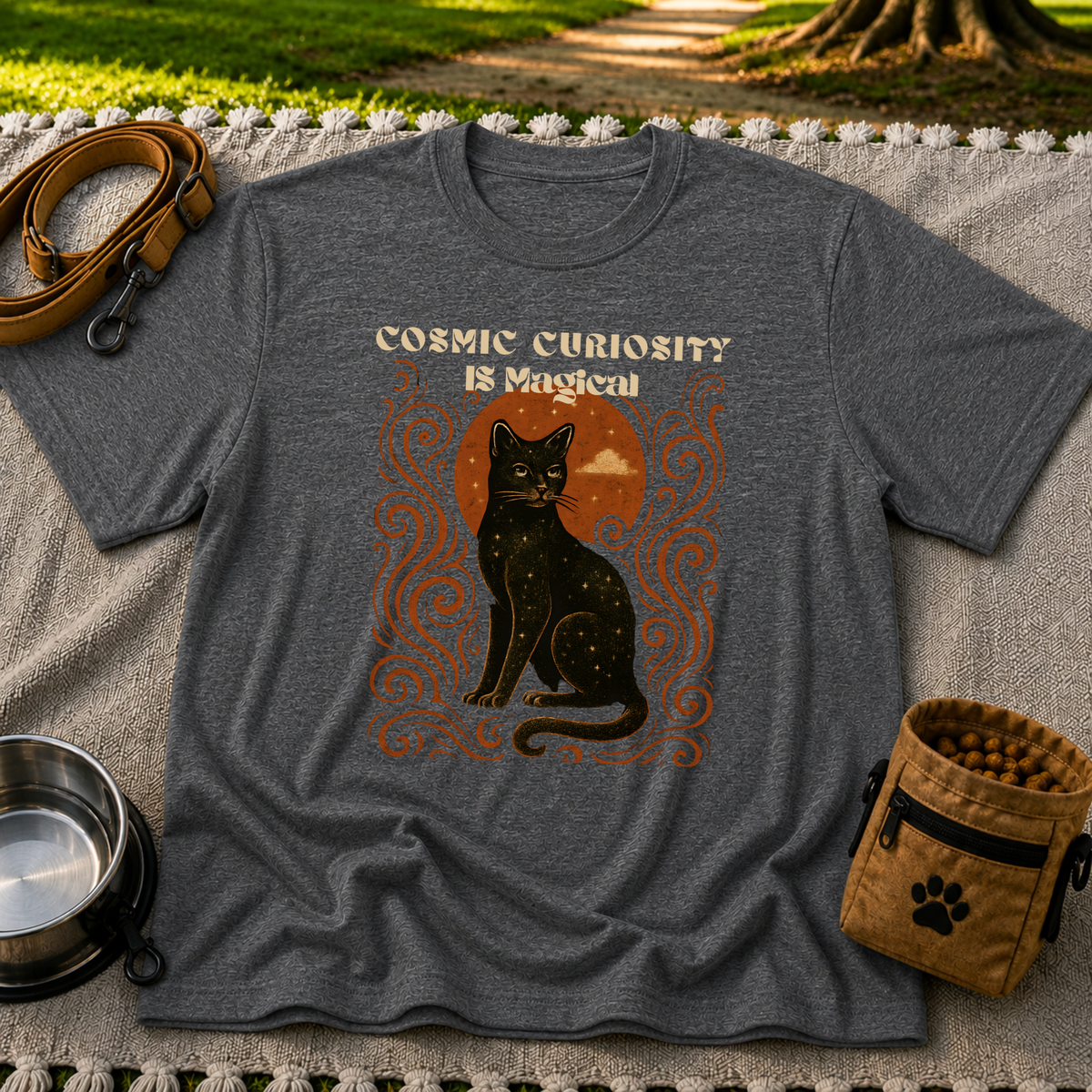 Black cat, moonlike circle and surrounding stars on a Dark Heather Grey T-shirt.