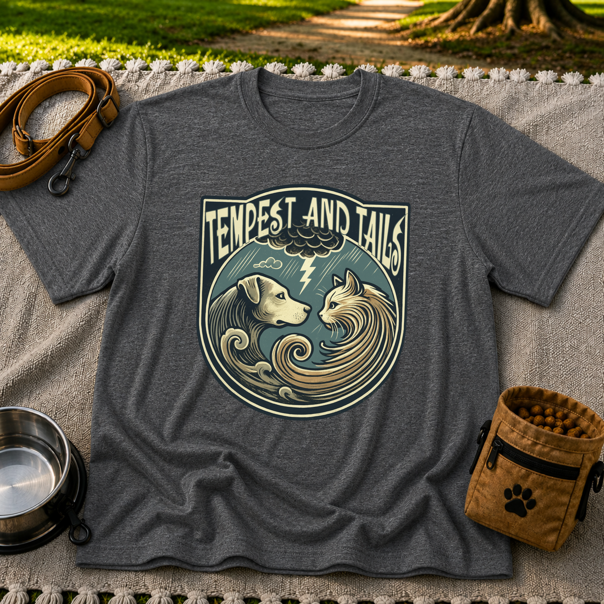 Tempest and Tails Companion Crest artwork on a Dark Heather Grey T-shirt.